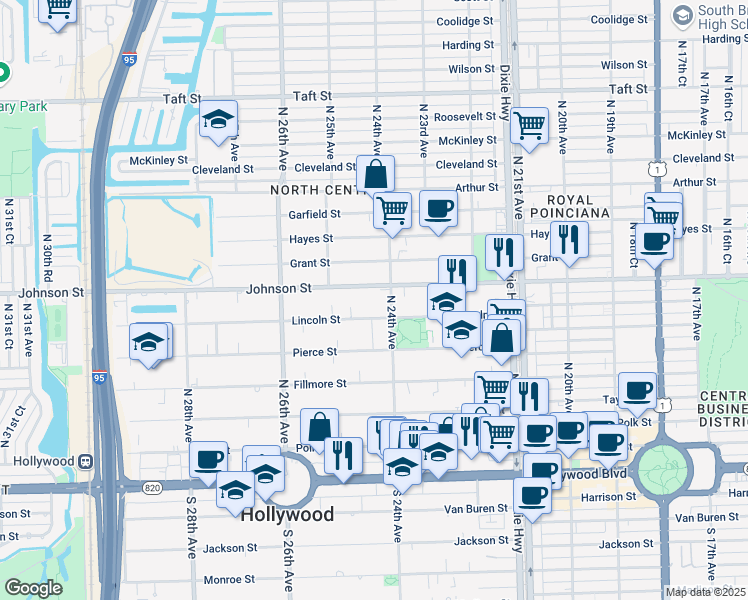 map of restaurants, bars, coffee shops, grocery stores, and more near 2413 Lincoln Street in Hollywood