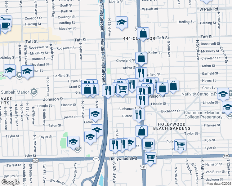 map of restaurants, bars, coffee shops, grocery stores, and more near 6120 Johnson Street in Hollywood