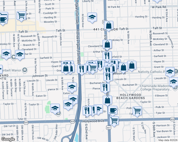 map of restaurants, bars, coffee shops, grocery stores, and more near 6120 Johnson Street in Hollywood