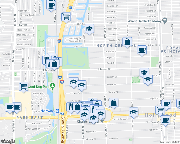 map of restaurants, bars, coffee shops, grocery stores, and more near 2703 Lincoln Street in Hollywood