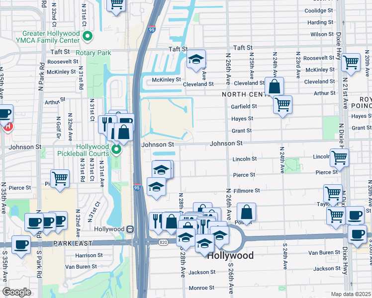map of restaurants, bars, coffee shops, grocery stores, and more near 2739 Lincoln Street in Hollywood