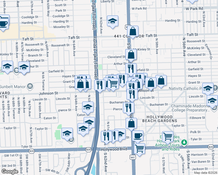map of restaurants, bars, coffee shops, grocery stores, and more near 6120 Johnson Street in Hollywood