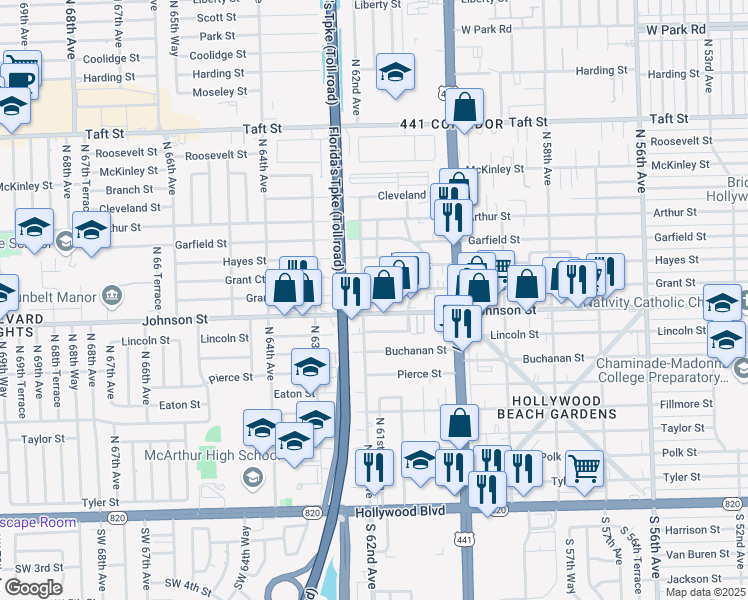 map of restaurants, bars, coffee shops, grocery stores, and more near 6120 Johnson Street in Hollywood