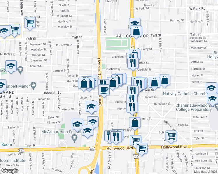 map of restaurants, bars, coffee shops, grocery stores, and more near 6120 Johnson Street in Hollywood