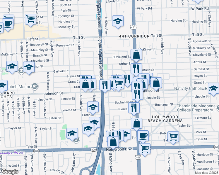 map of restaurants, bars, coffee shops, grocery stores, and more near 6227 Johnson Street in Hollywood