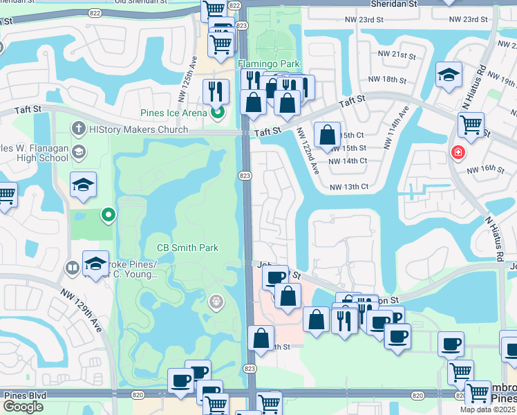 map of restaurants, bars, coffee shops, grocery stores, and more near 1201 Northwest 124th Avenue in Pembroke Pines
