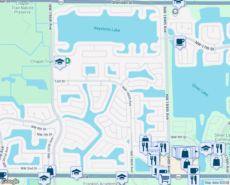 map of restaurants, bars, coffee shops, grocery stores, and more near 19198 Northwest 13th Court in Pembroke Pines