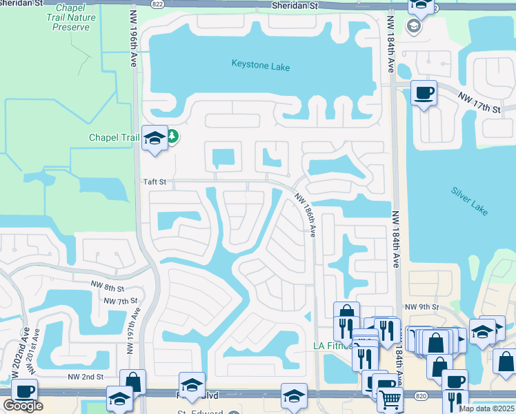 map of restaurants, bars, coffee shops, grocery stores, and more near 1273 Northwest 192nd Terrace in Pembroke Pines