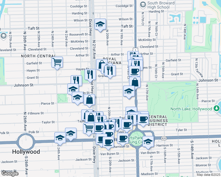 map of restaurants, bars, coffee shops, grocery stores, and more near 1955 Lincoln Street in Hollywood