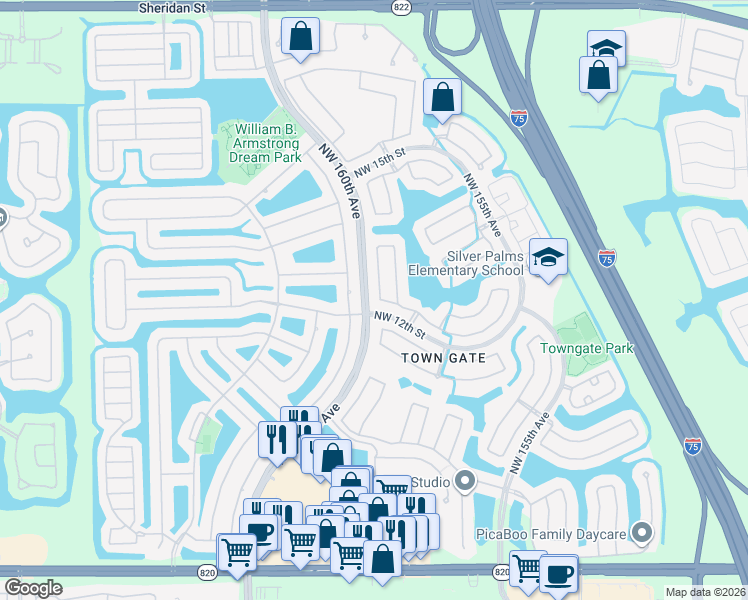 map of restaurants, bars, coffee shops, grocery stores, and more near 15982 Northwest 12th Court in Pembroke Pines