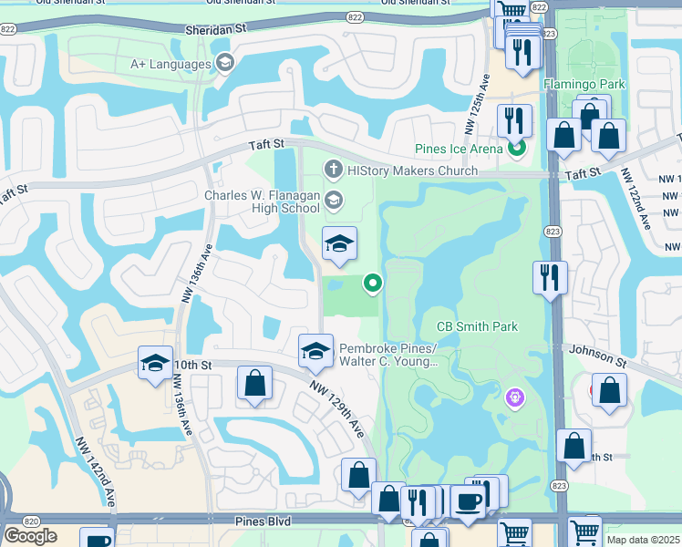 map of restaurants, bars, coffee shops, grocery stores, and more near 12800 Taft Street in Pembroke Pines