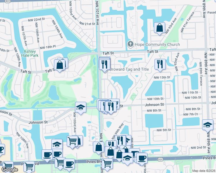 map of restaurants, bars, coffee shops, grocery stores, and more near 1241 Northwest 99th Terrace in Pembroke Pines