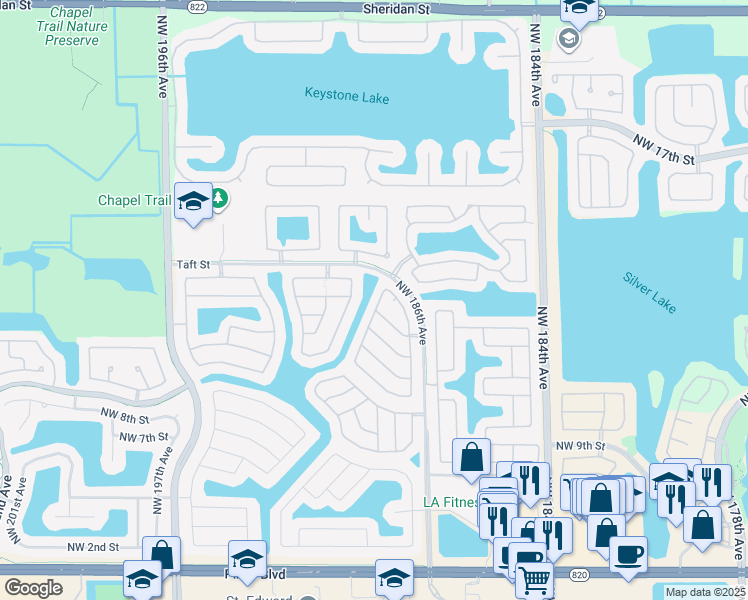map of restaurants, bars, coffee shops, grocery stores, and more near 19198 Northwest 13th Court in Pembroke Pines