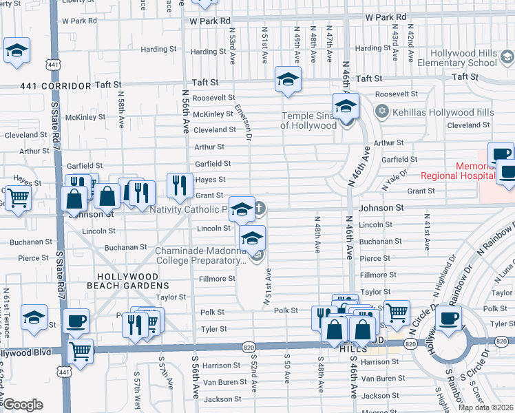 map of restaurants, bars, coffee shops, grocery stores, and more near 5115 Johnson Street in Hollywood