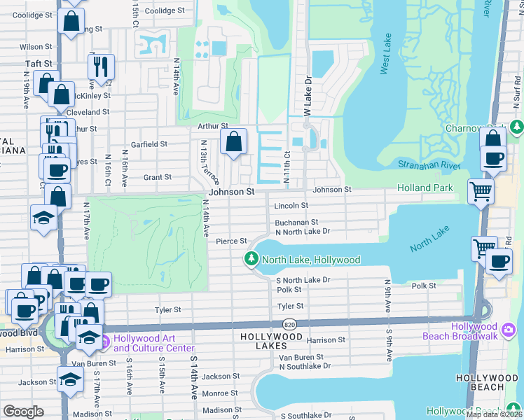 map of restaurants, bars, coffee shops, grocery stores, and more near 1223 Buchanan Street in Hollywood