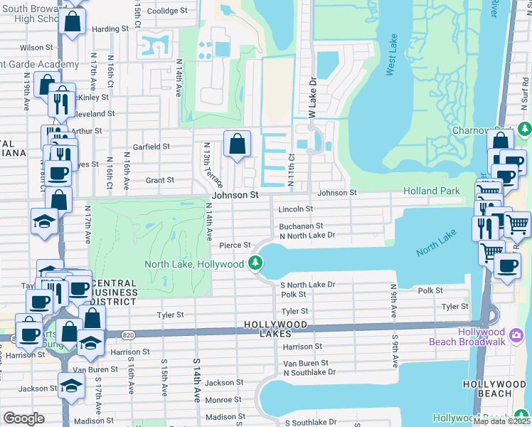 map of restaurants, bars, coffee shops, grocery stores, and more near 1223 Buchanan Street in Hollywood