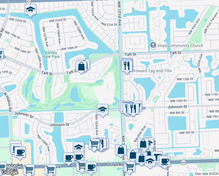 map of restaurants, bars, coffee shops, grocery stores, and more near 1300 Saint Charles Place in Pembroke Pines