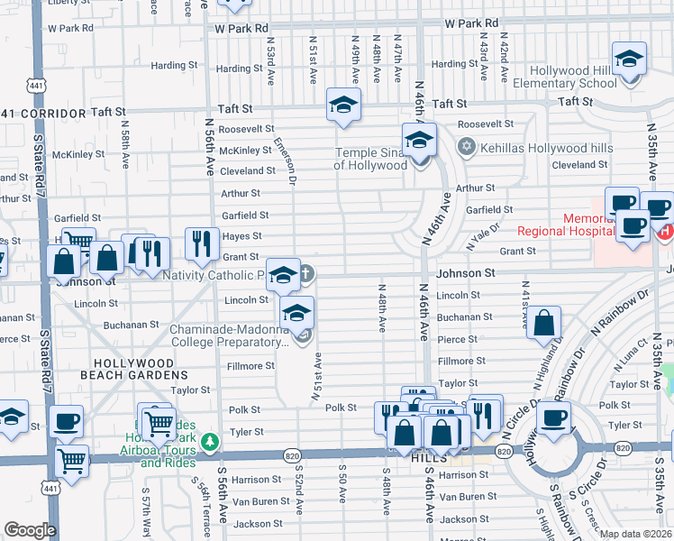 map of restaurants, bars, coffee shops, grocery stores, and more near 5016 Johnson Street in Hollywood
