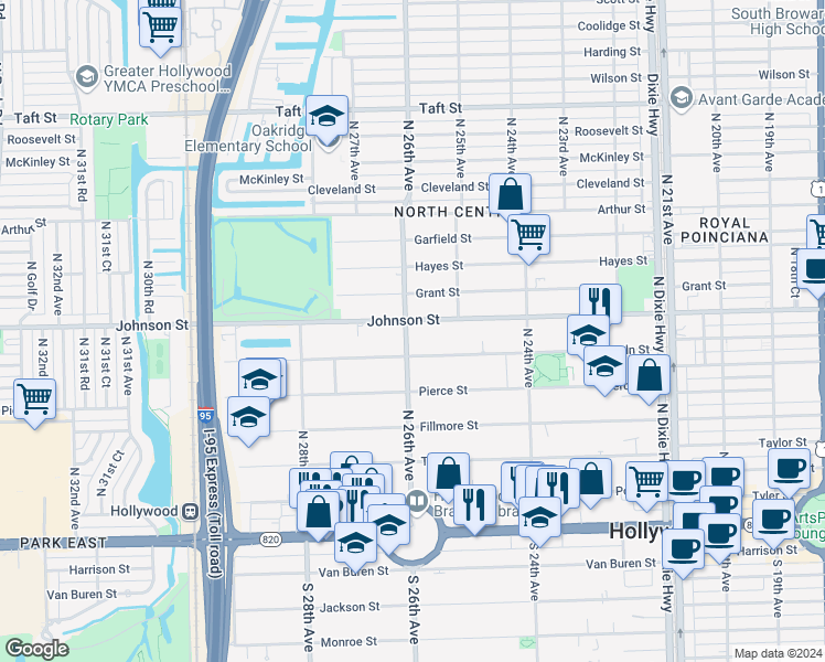 map of restaurants, bars, coffee shops, grocery stores, and more near 2535 Lincoln Street in Hollywood
