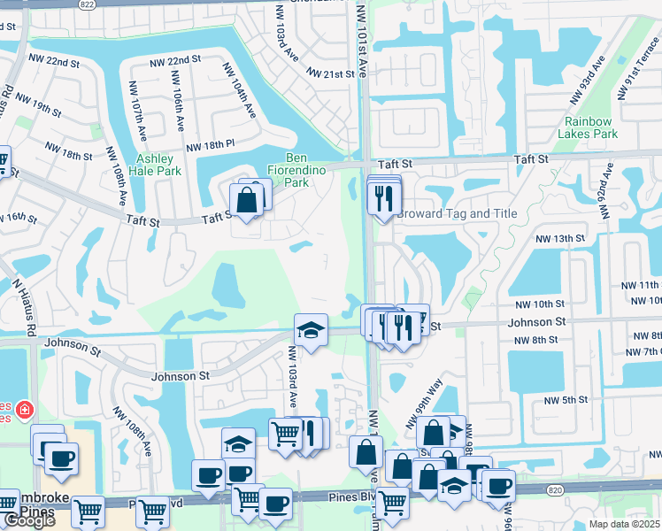 map of restaurants, bars, coffee shops, grocery stores, and more near 1200 Saint Charles Place in Pembroke Pines