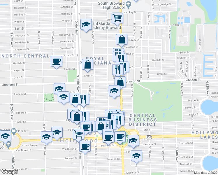 map of restaurants, bars, coffee shops, grocery stores, and more near 856 North 19th Avenue in Hollywood