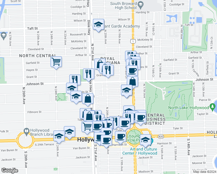 map of restaurants, bars, coffee shops, grocery stores, and more near 1943 Buchanan Street in Hollywood