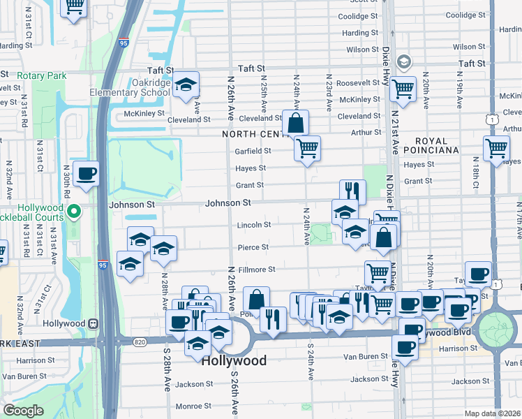 map of restaurants, bars, coffee shops, grocery stores, and more near 2459 Lincoln Street in Hollywood