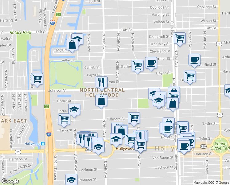 map of restaurants, bars, coffee shops, grocery stores, and more near 2535 Lincoln Street in Hollywood