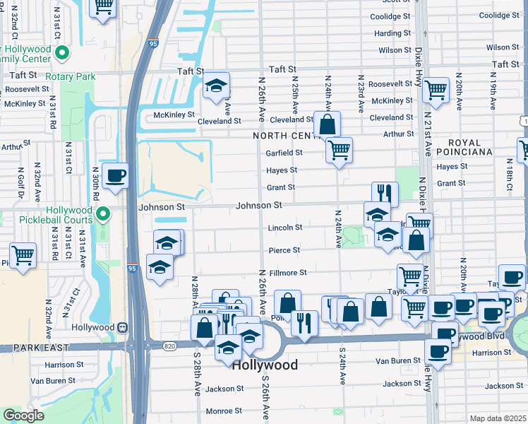 map of restaurants, bars, coffee shops, grocery stores, and more near 2535 Lincoln Street in Hollywood