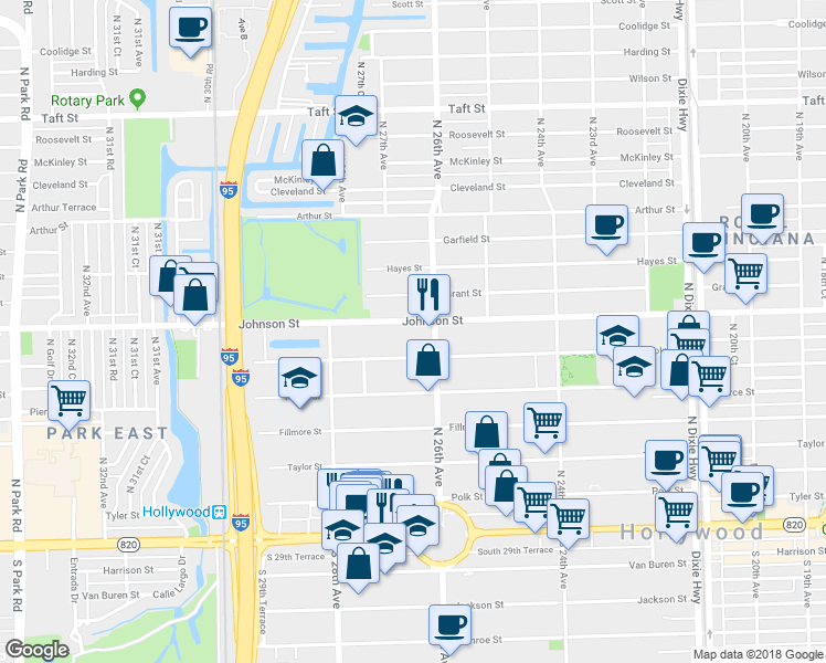 map of restaurants, bars, coffee shops, grocery stores, and more near in Hollywood