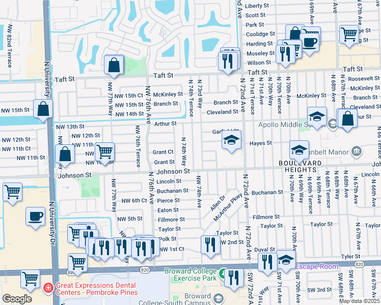 map of restaurants, bars, coffee shops, grocery stores, and more near 930 North 74th Terrace in Hollywood