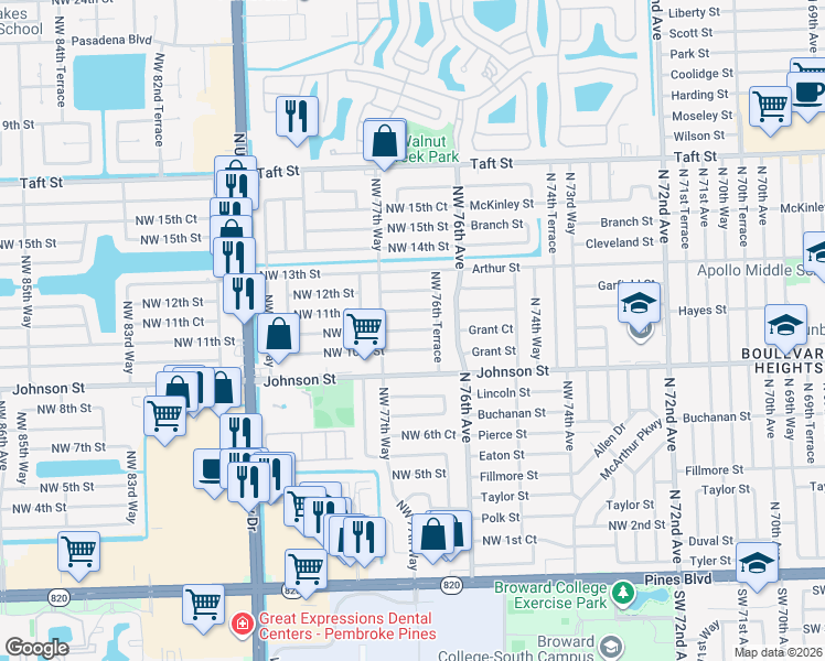 map of restaurants, bars, coffee shops, grocery stores, and more near 7721 Northwest 10th Street in Pembroke Pines