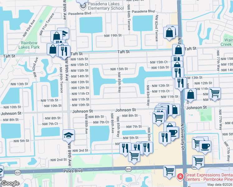 map of restaurants, bars, coffee shops, grocery stores, and more near 8560 Northwest 11th Street in Pembroke Pines
