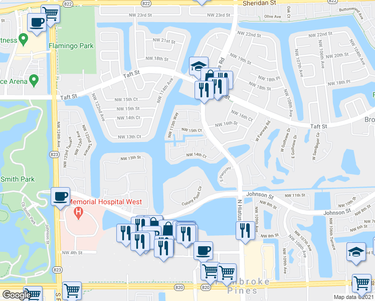 map of restaurants, bars, coffee shops, grocery stores, and more near 11288 Northwest 14th Court in Pembroke Pines