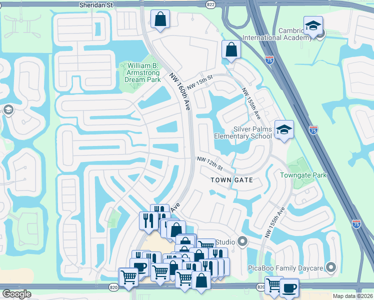 map of restaurants, bars, coffee shops, grocery stores, and more near 1239 Northwest 161st Avenue in Pembroke Pines