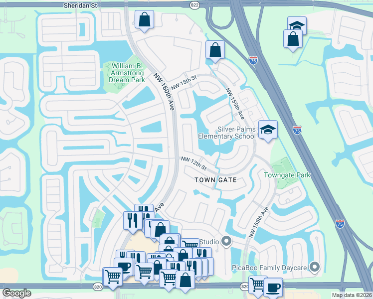 map of restaurants, bars, coffee shops, grocery stores, and more near 15982 Northwest 12th Court in Pembroke Pines
