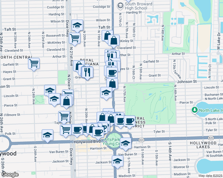 map of restaurants, bars, coffee shops, grocery stores, and more near 720 North Federal Highway in Hollywood