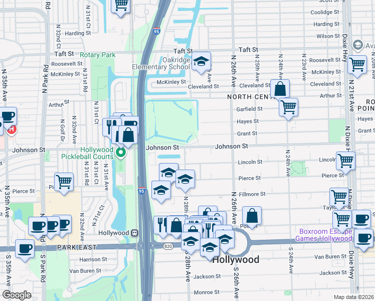 map of restaurants, bars, coffee shops, grocery stores, and more near 2739 Lincoln Street in Hollywood
