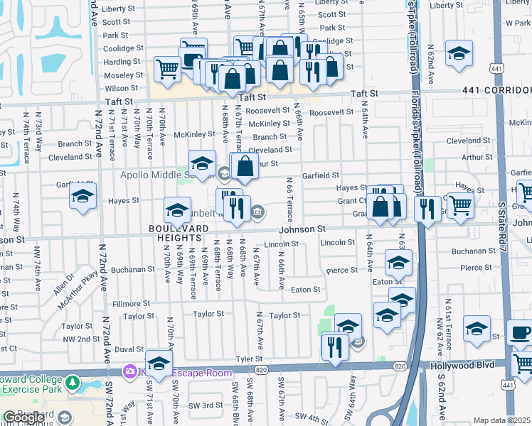 map of restaurants, bars, coffee shops, grocery stores, and more near 6741 Johnson Street in Hollywood