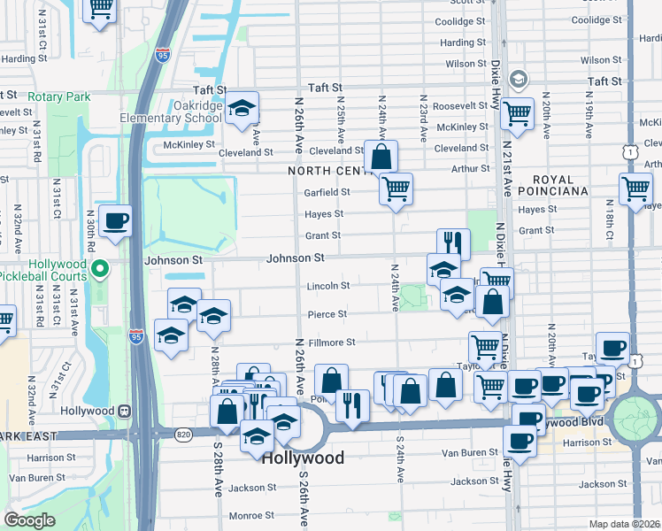 map of restaurants, bars, coffee shops, grocery stores, and more near 2535 Lincoln Street in Hollywood