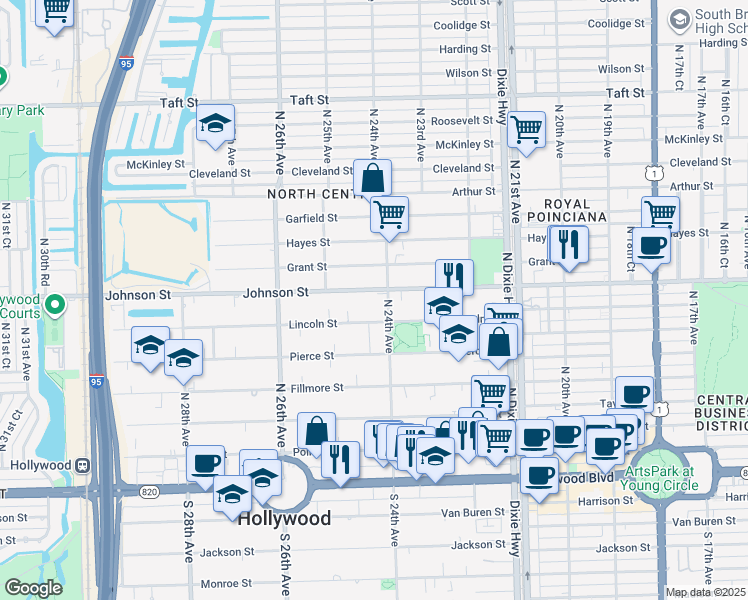 map of restaurants, bars, coffee shops, grocery stores, and more near 2414 Johnson Street in Hollywood