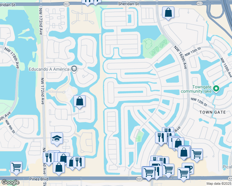 map of restaurants, bars, coffee shops, grocery stores, and more near 1187 Northwest 165th Avenue in Pembroke Pines
