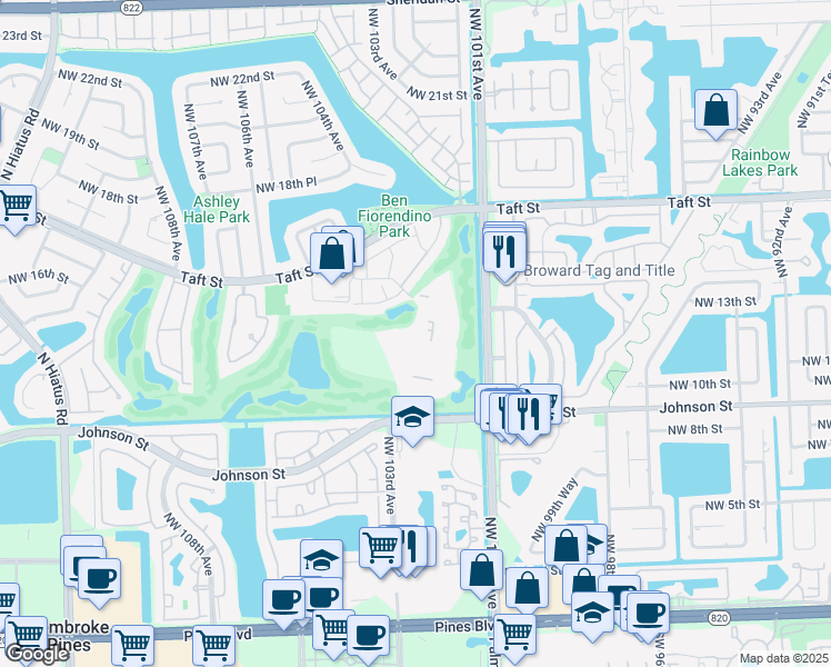 map of restaurants, bars, coffee shops, grocery stores, and more near 10308 Fairway Road in Pembroke Pines