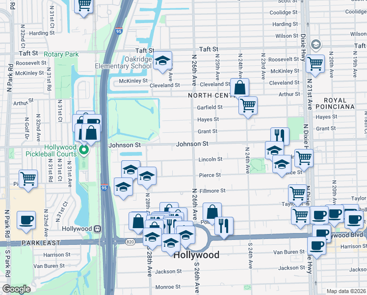 map of restaurants, bars, coffee shops, grocery stores, and more near 2610 Grant Street in Hollywood