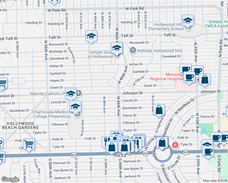 map of restaurants, bars, coffee shops, grocery stores, and more near 4601 West Hawthorne Circle in Hollywood