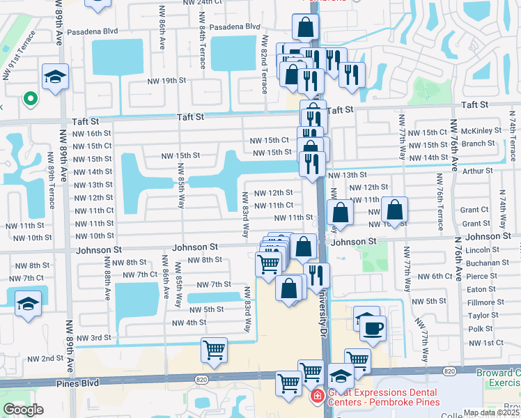 map of restaurants, bars, coffee shops, grocery stores, and more near 8220 Northwest 12th Street in Pembroke Pines