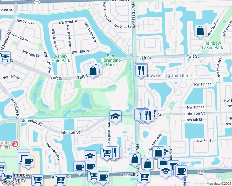 map of restaurants, bars, coffee shops, grocery stores, and more near 10308 Fairway Road in Pembroke Pines