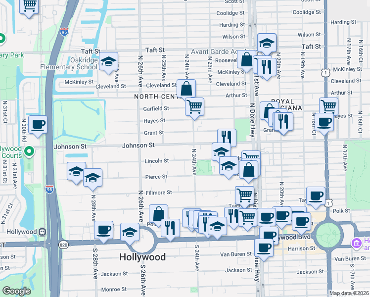 map of restaurants, bars, coffee shops, grocery stores, and more near 2419-2421 Johnson Street in Hollywood