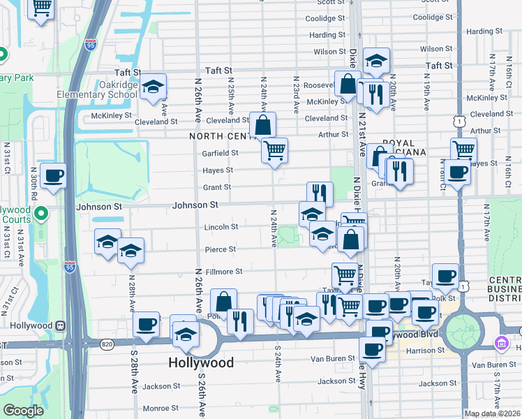 map of restaurants, bars, coffee shops, grocery stores, and more near 2419 Johnson Street in Hollywood