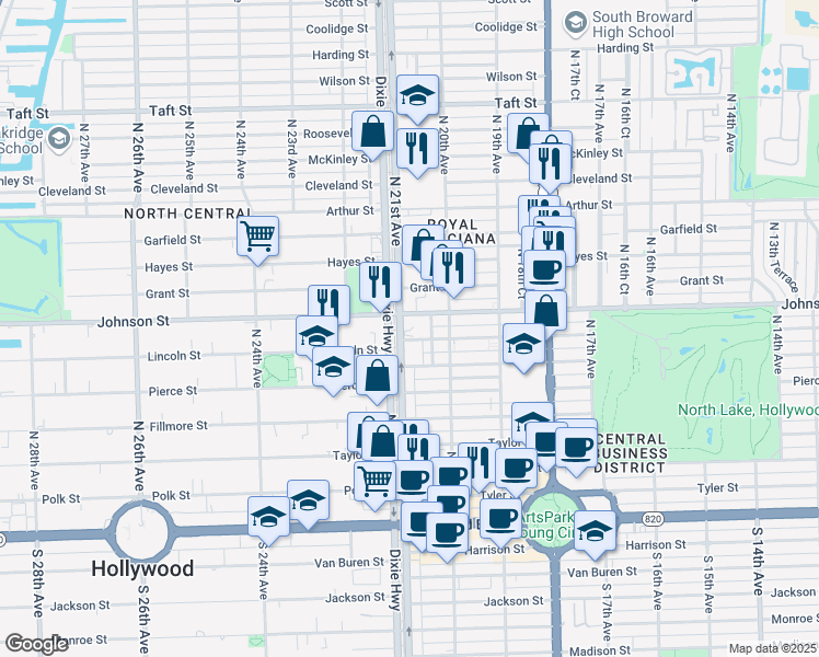 map of restaurants, bars, coffee shops, grocery stores, and more near 2017 Johnson Street in Hollywood